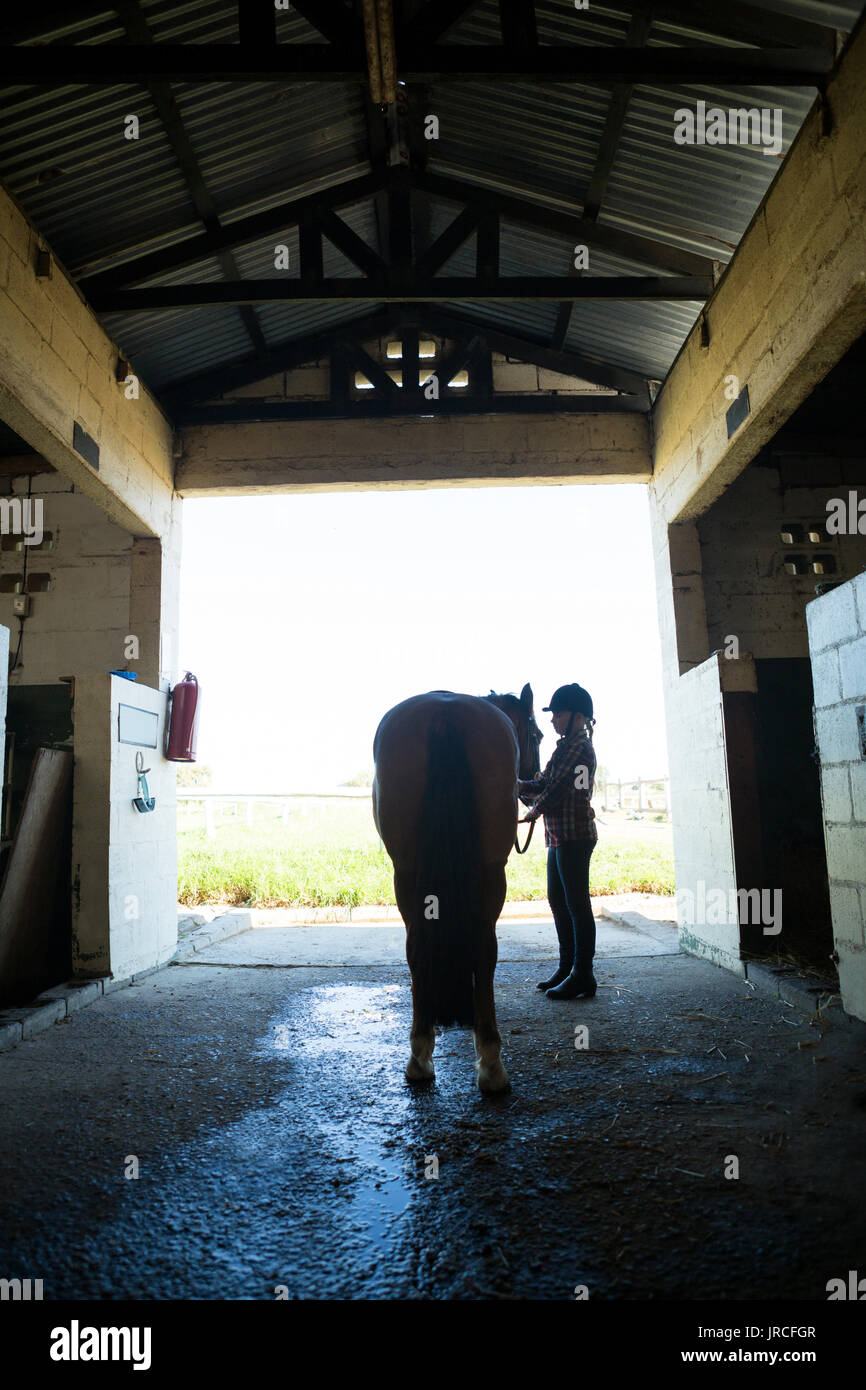 Teenage girl standing with horse in the stable Stock Photo - Alamy