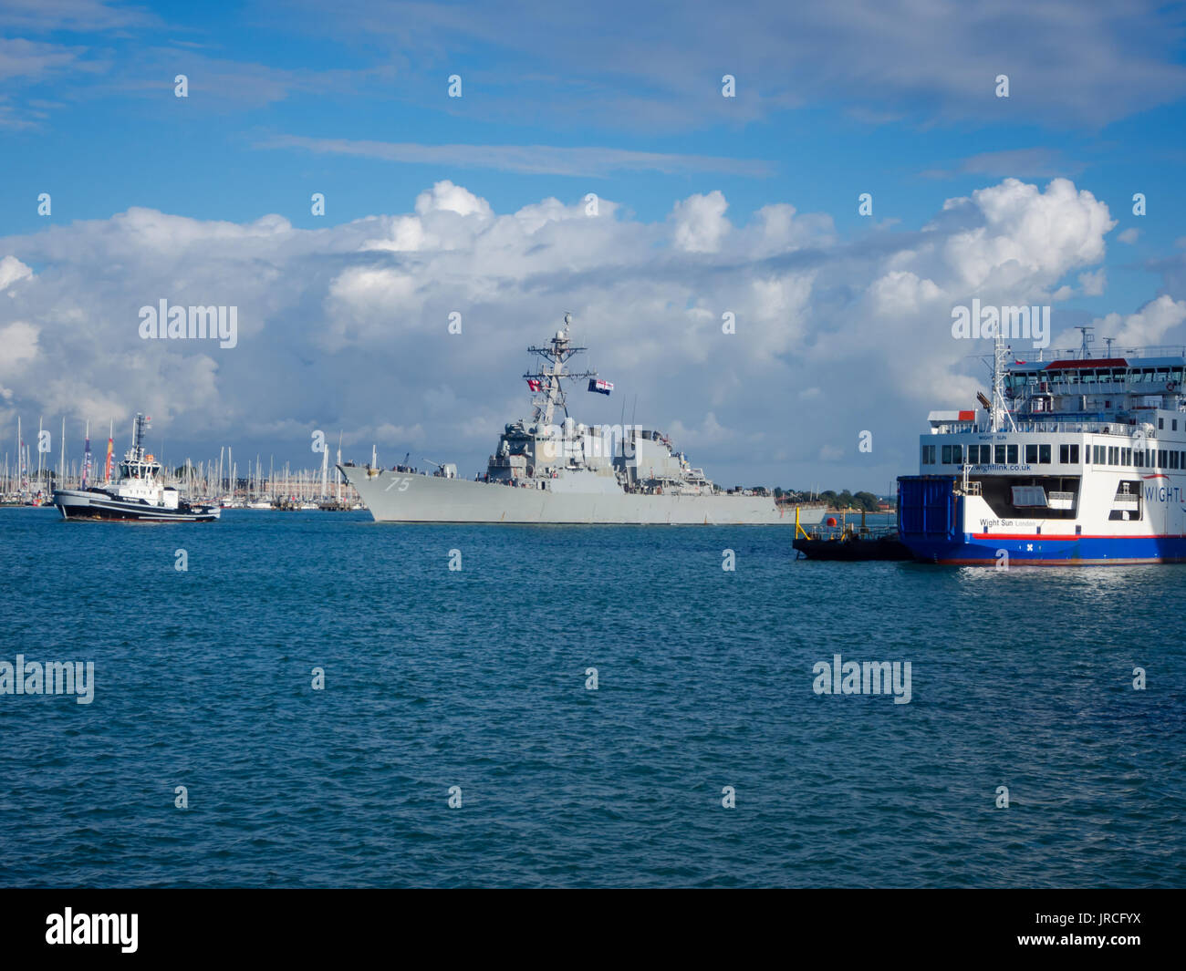 The USS Donald Cook leaves Portsmouth Harbour, England Stock Photo
