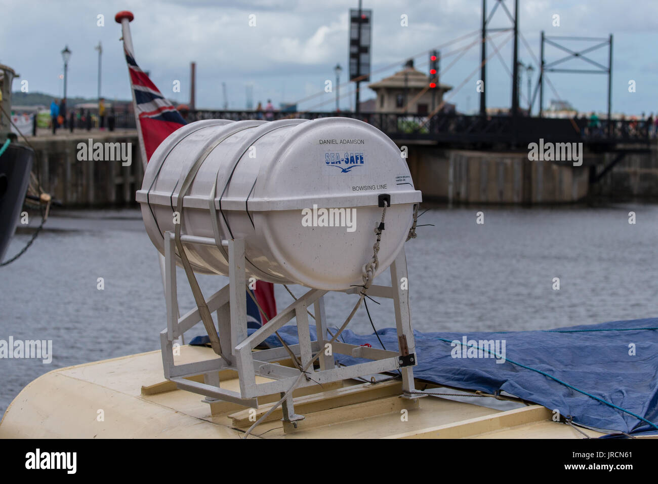 Inflatable Liferaft on the deck of a ship Stock Photo Alamy