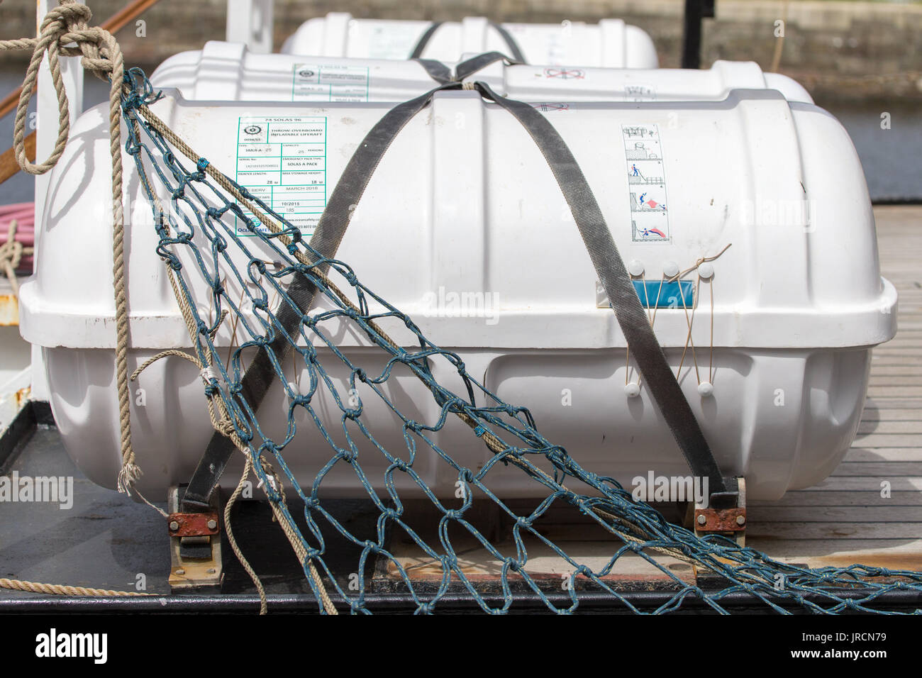Inflatable Liferaft on the deck of a ship Stock Photo Alamy