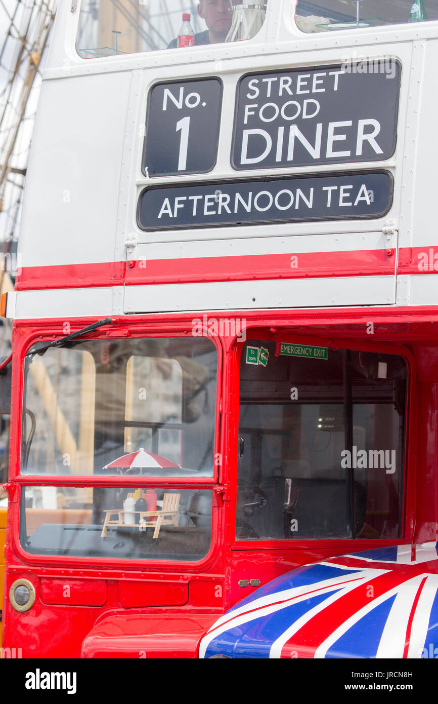 A converted London Routemaster Bus, now used as a street food diner Stock Photo