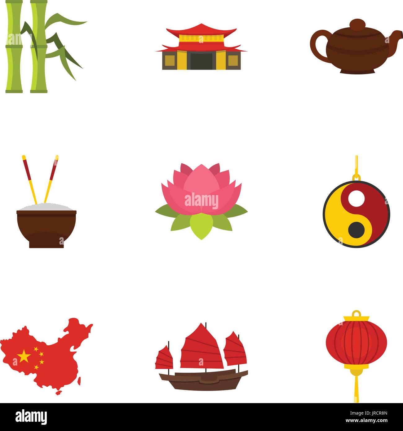 Chinese icon set, flat style Stock Vector