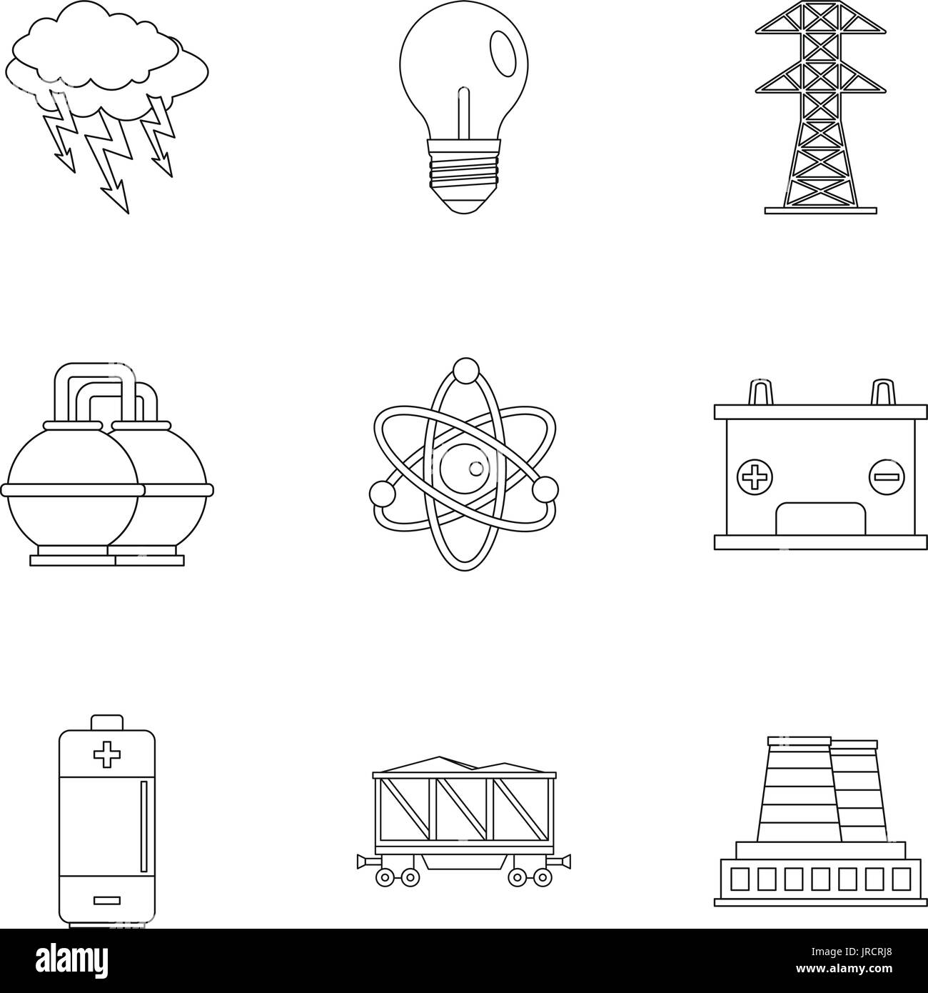 Power generation icon set, outline style Stock Vector