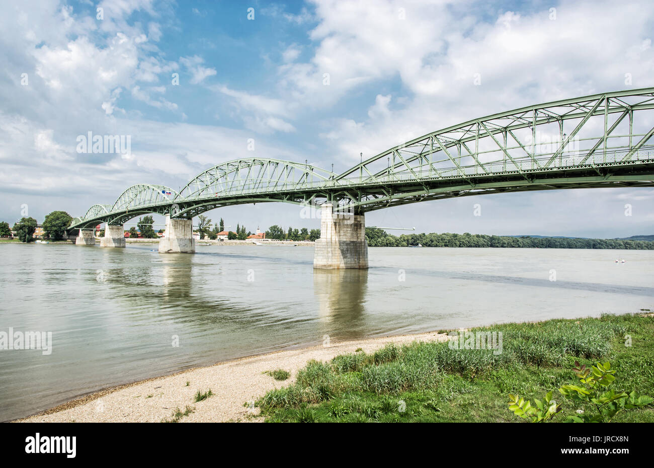 Maria Valeria bridge joins Esztergom in Hungary and Sturovo in Slovak republic across the Danube river. Transportation theme. Architectural scene. Stock Photo