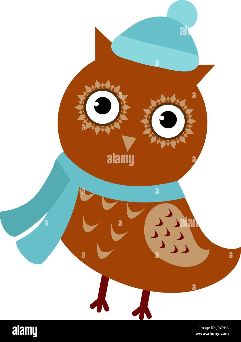 Cartoon owl isolated on white background. Cute bird wearing a hat and scarf, autumnal theme. Vector illustration Stock Vector
