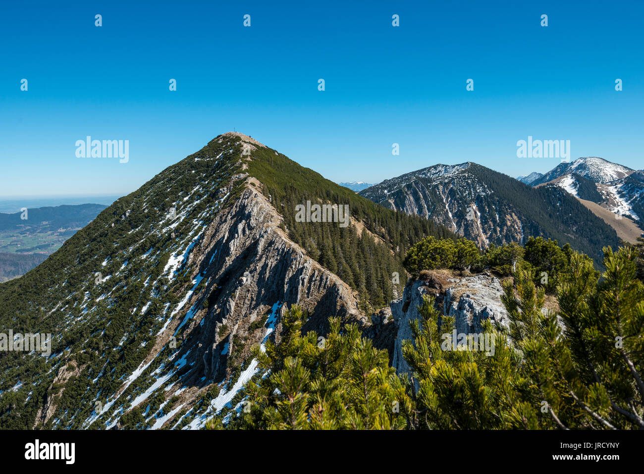 Ridge and summit of the Brecherspitz with remaining snow in spring, Schliersee Alps, Upper Bavaria, Bavaria, Germany Stock Photo