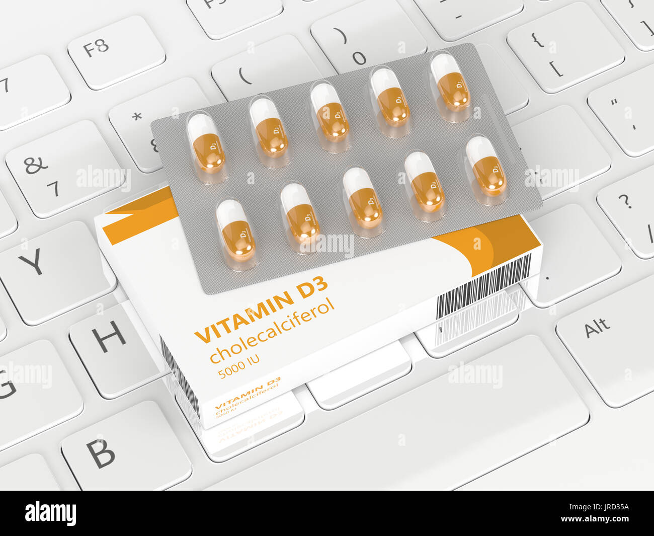 3d render of vitamin d3 pills lying on keyboard Stock Photo