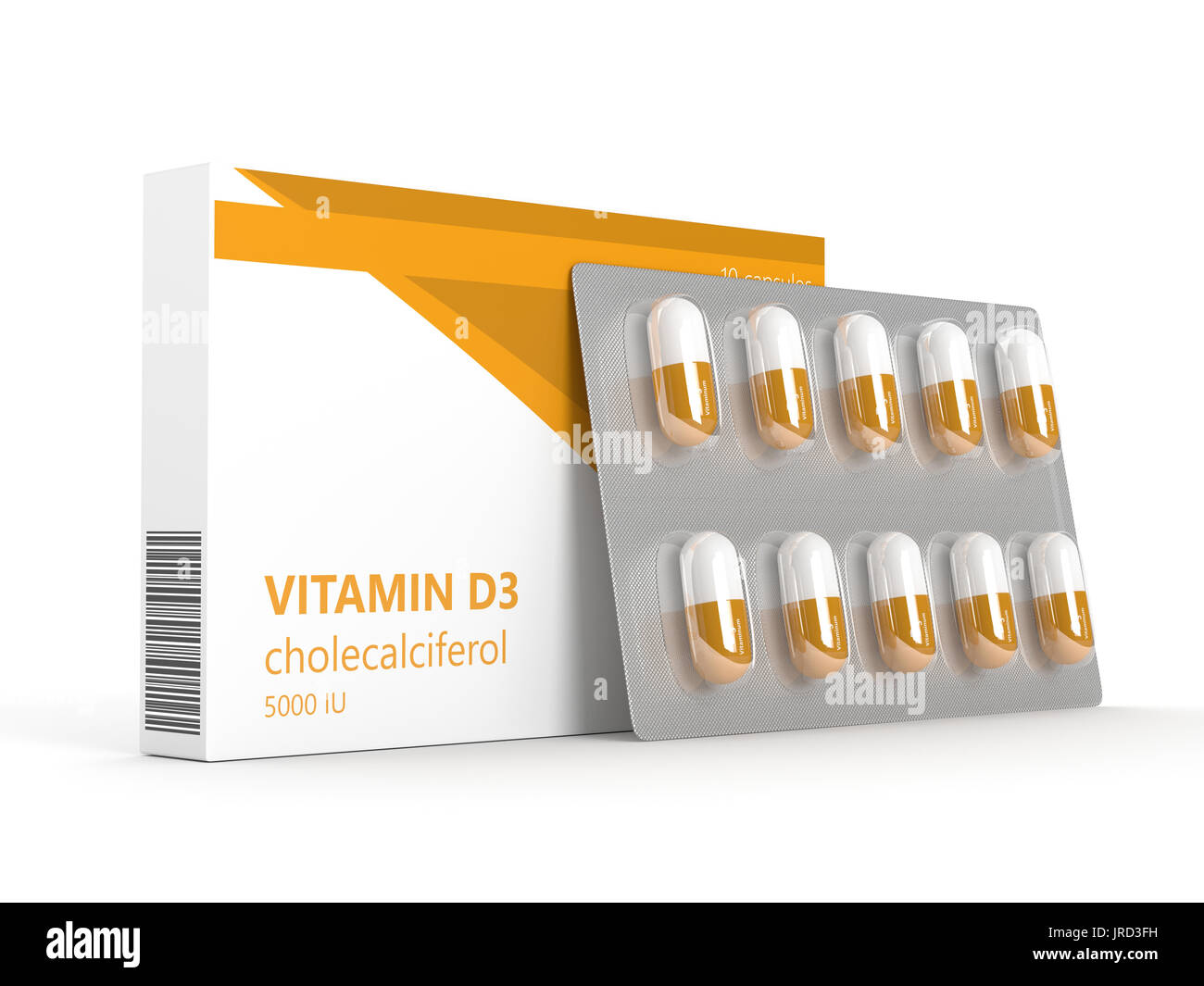 3d render of vitamin d3 pills on blister over white background Stock
