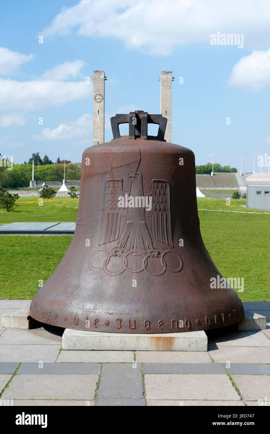Close up of the historic 1936 Olympic Bell featuring the Reichsadler holding the Olympic Rings, Olympic stadium, Charlottenburg, Berlin, Germany Stock Photo