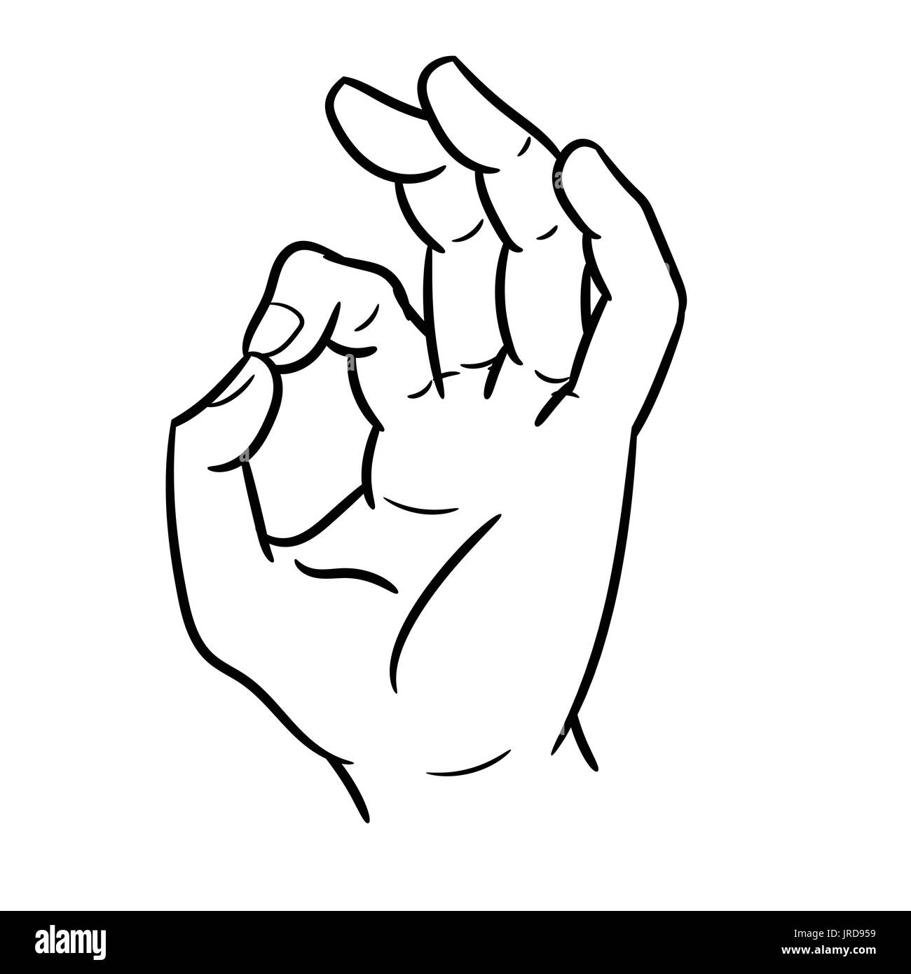 Hand drawn sketch of hand gesture okey, Black and White simple line Vector Illustration for Coloring Book - Line Drawn Vector Stock Vector