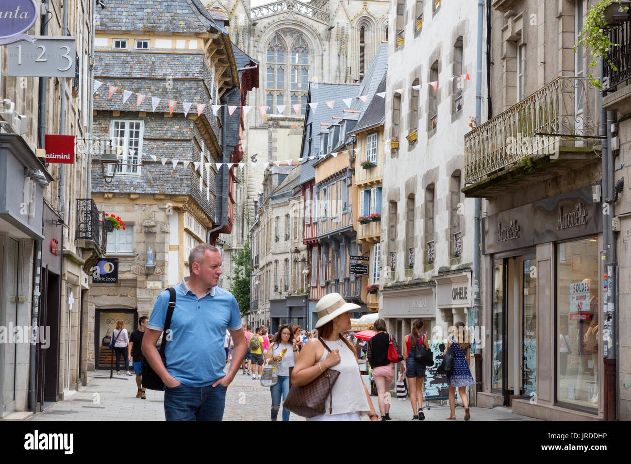 Quimper Brittany France - street scene, near the cathedral, Quimper, Cornouaille, Finistere Brittany France Stock Photo