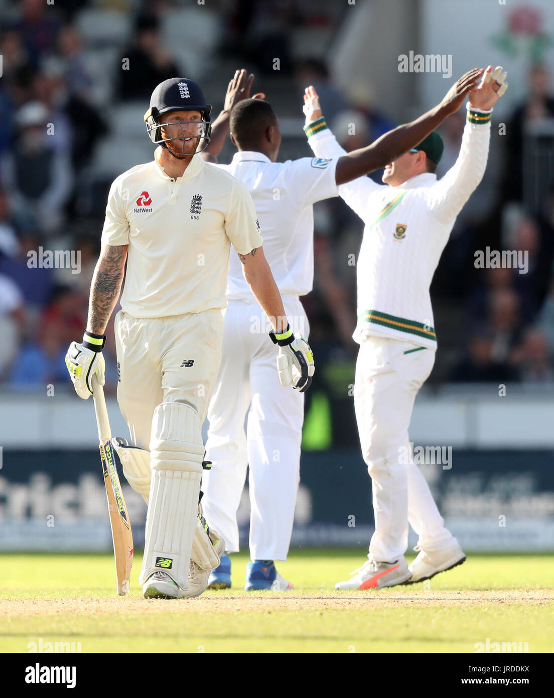 England's Ben Stokes walks off after being dismissed by South Africa's Kagiso Rabada during the Fourth Investec Test at Emirates Old Trafford, Manchester. Stock Photo