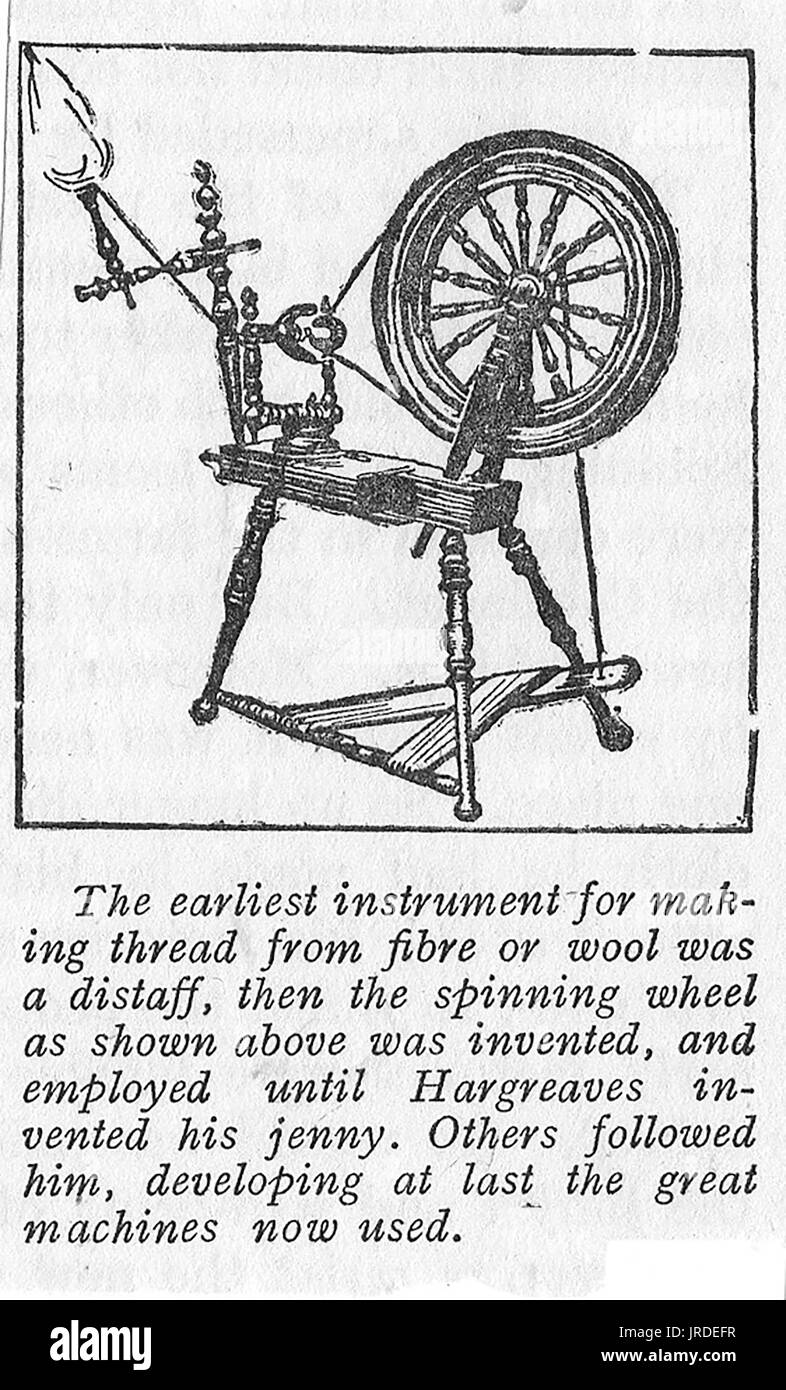 1936 illustration of a simple domestic spinning wheel Stock Photo