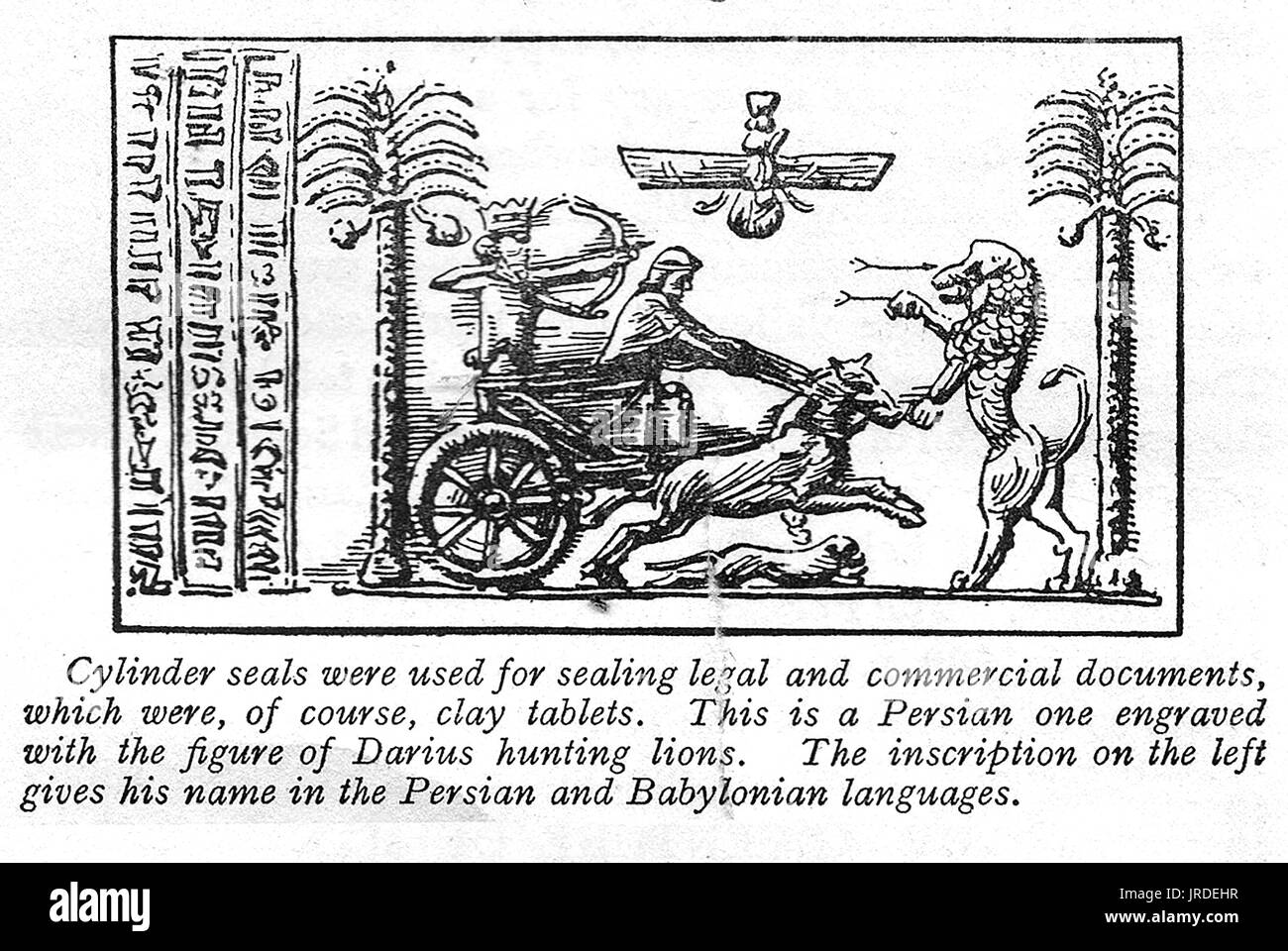 1926 illustration showing a Persian cylinder seal on a clay tablet with  Persian and Babylonian inscriptions & picture of Darius hunting lions in a chariot Stock Photo