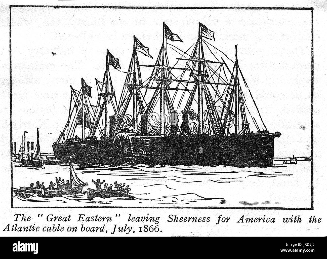 A 1926 sketch of the S S Great Eastern leaving  Sheerness to lay the Atlantic cable in 1866 Stock Photo