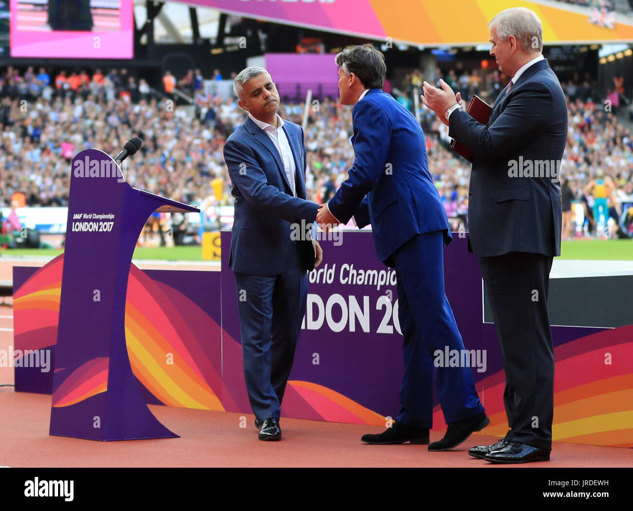 Mayor of London Sadiq Khan, Lord Sebastian Coe and Prince Andrew in the opening ceremony during day one of the 2017 IAAF World Championships at the London Stadium. PRESS ASSOCIATION Photo. Picture date: Friday August 4, 2017. See PA story ATHLETICS World. Photo credit should read: Adam Davy/PA Wire. Stock Photo