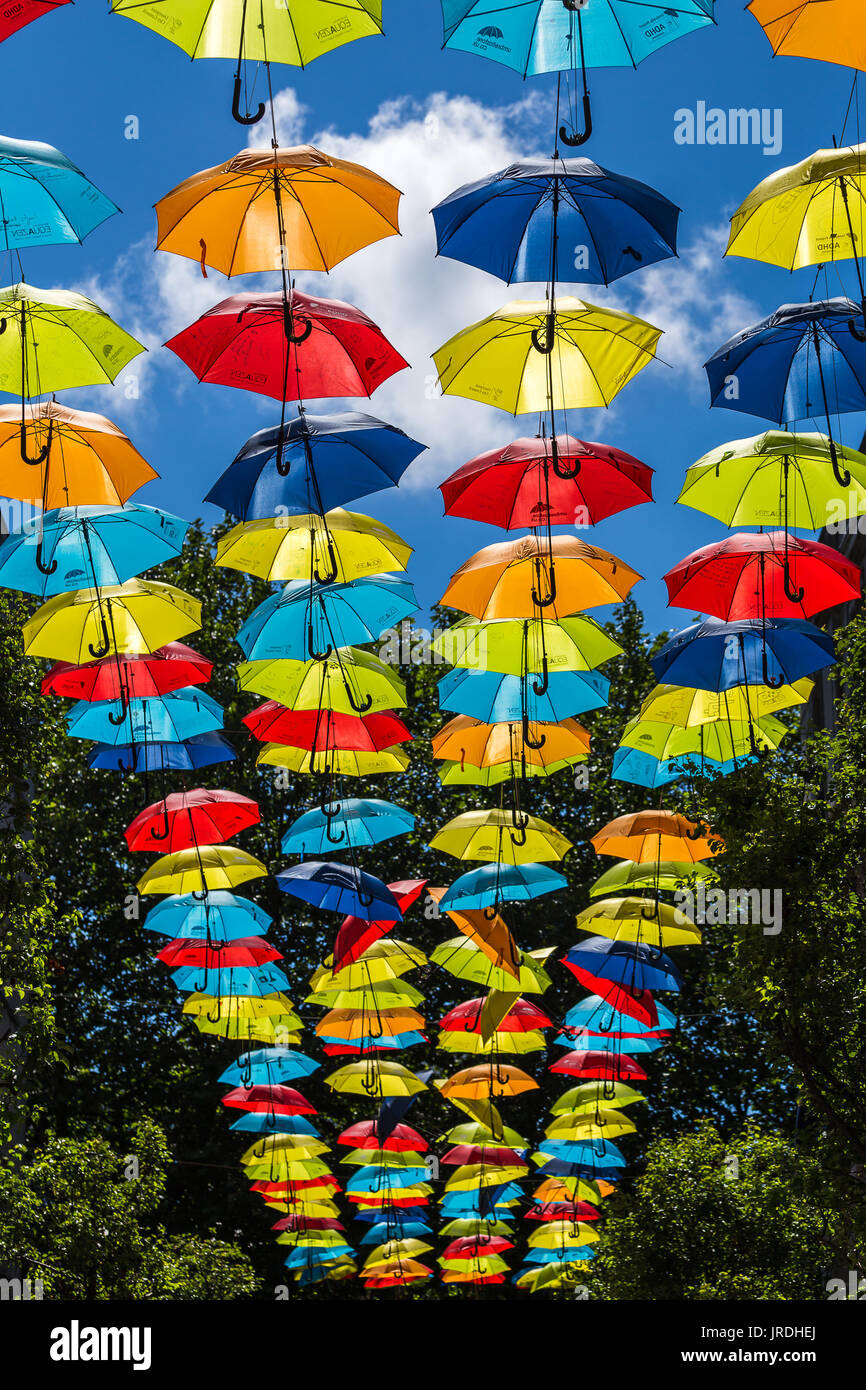 Two hundred colourful umbrellas suspended above a street in Liverpool city centre to raise awareness about ADHT. Stock Photo