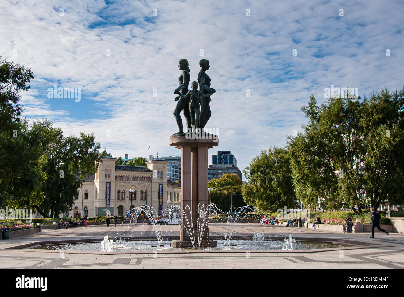 Oslo, Norway - September 23, 2013: Statue and fountain in Radhusplassen ...