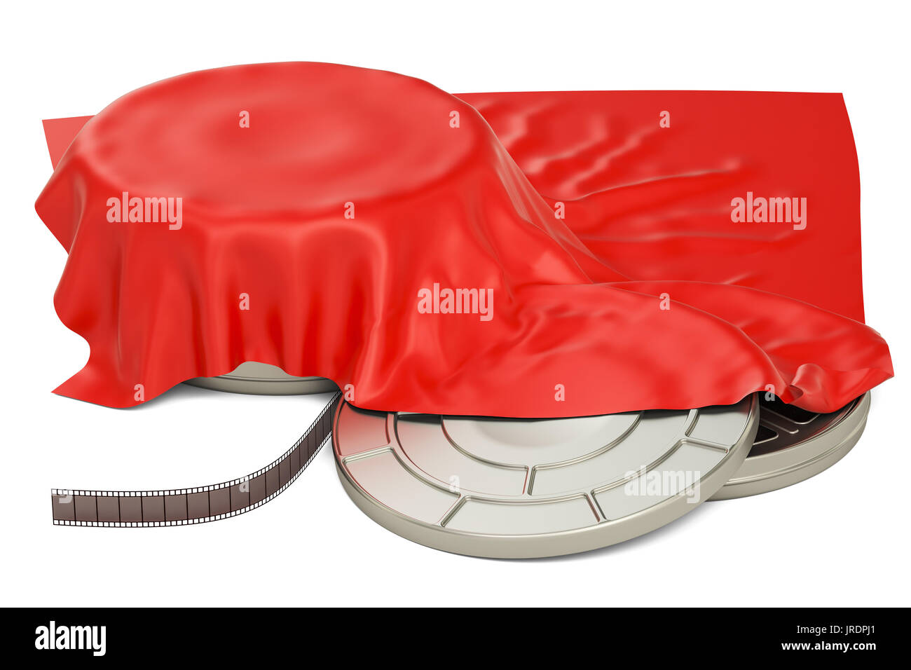 Film reels covered red cloth, presentation concept. 3D rendering