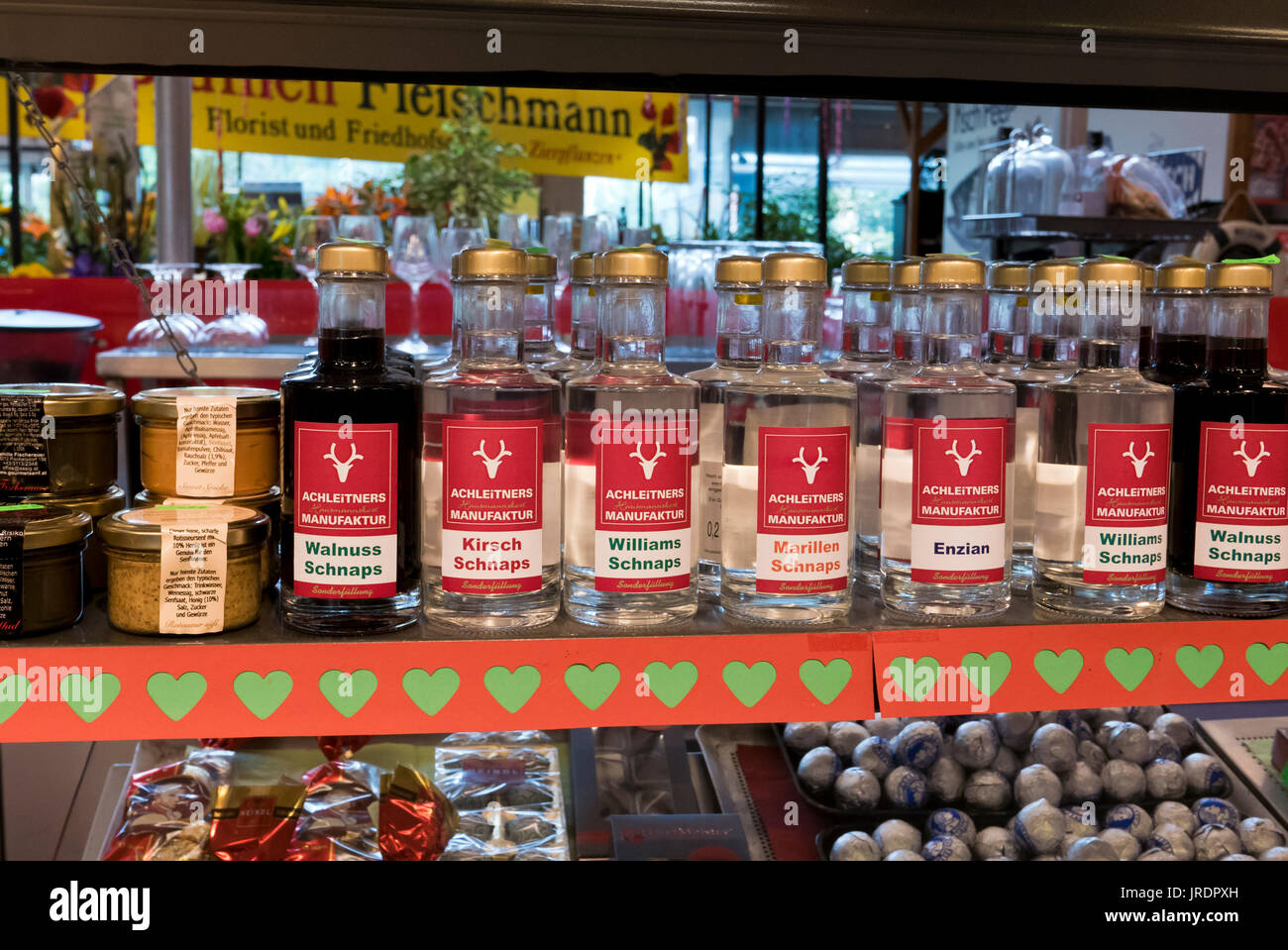 Bottles of Austrian Schnapps on sale in the indoor market, Innsbruck