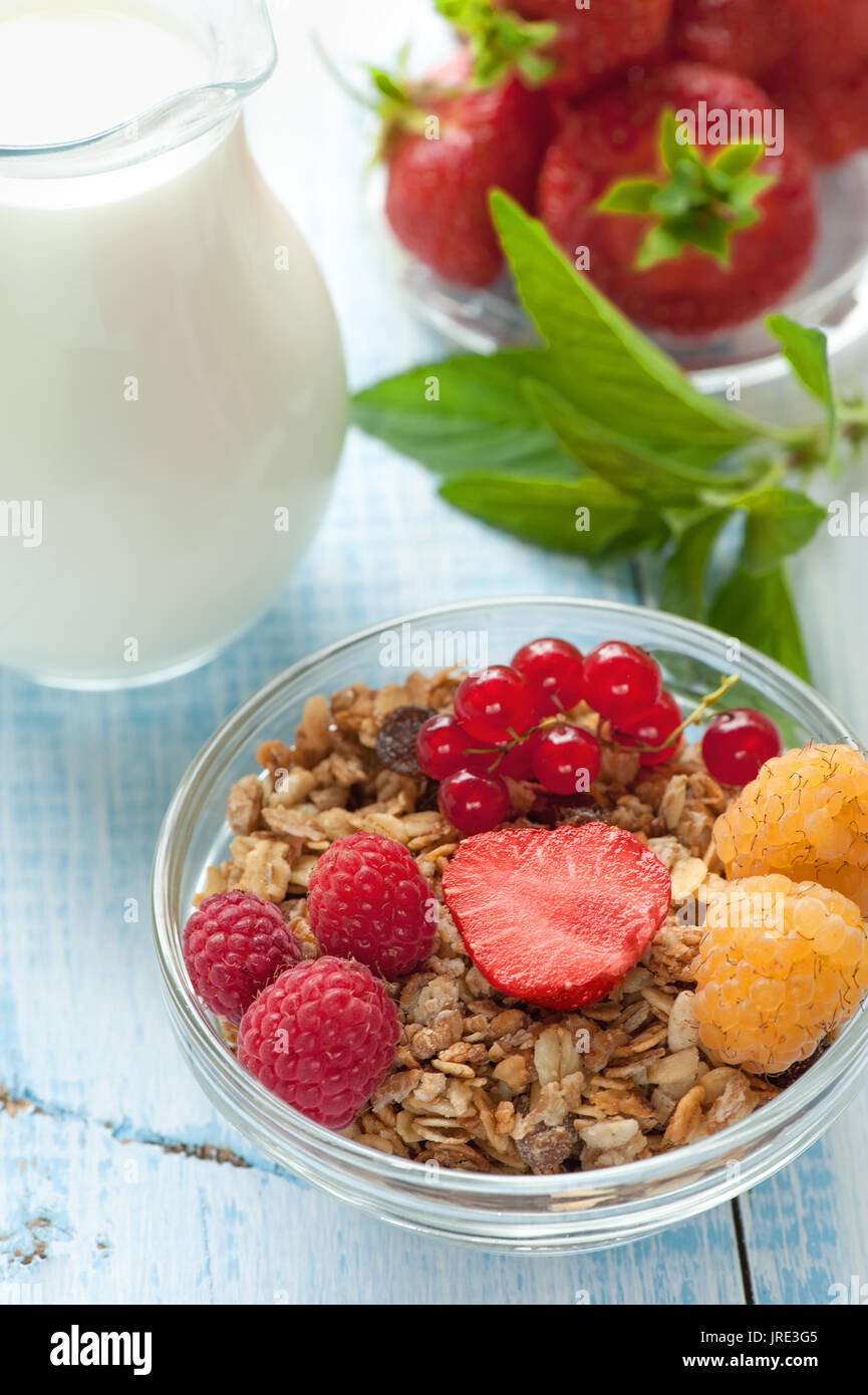 Healthy Breakfast cereals muesli with fruits and berries strawberries