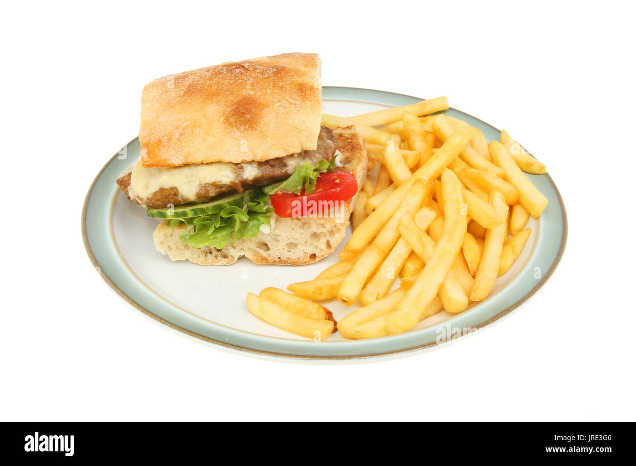 Cheeseburger in a ciabatta roll with fries on a plate isolated against white Stock Photo