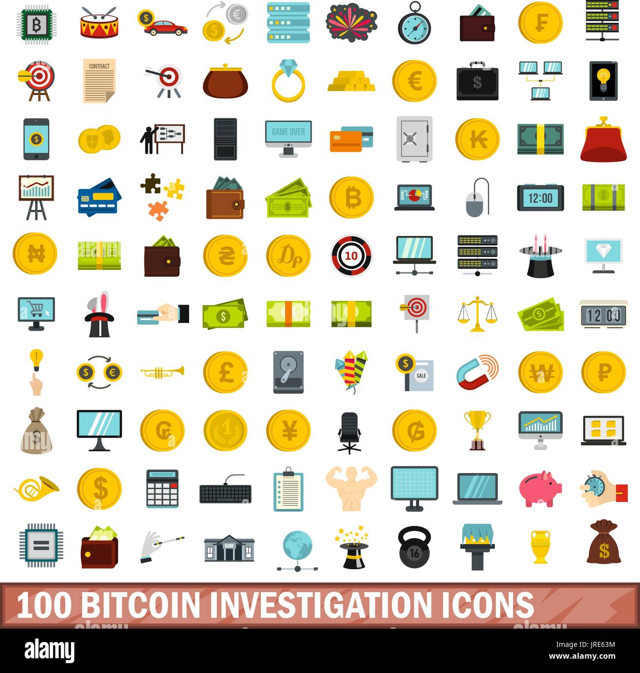 100 bitcoin investigation icons set, flat style Stock Vector