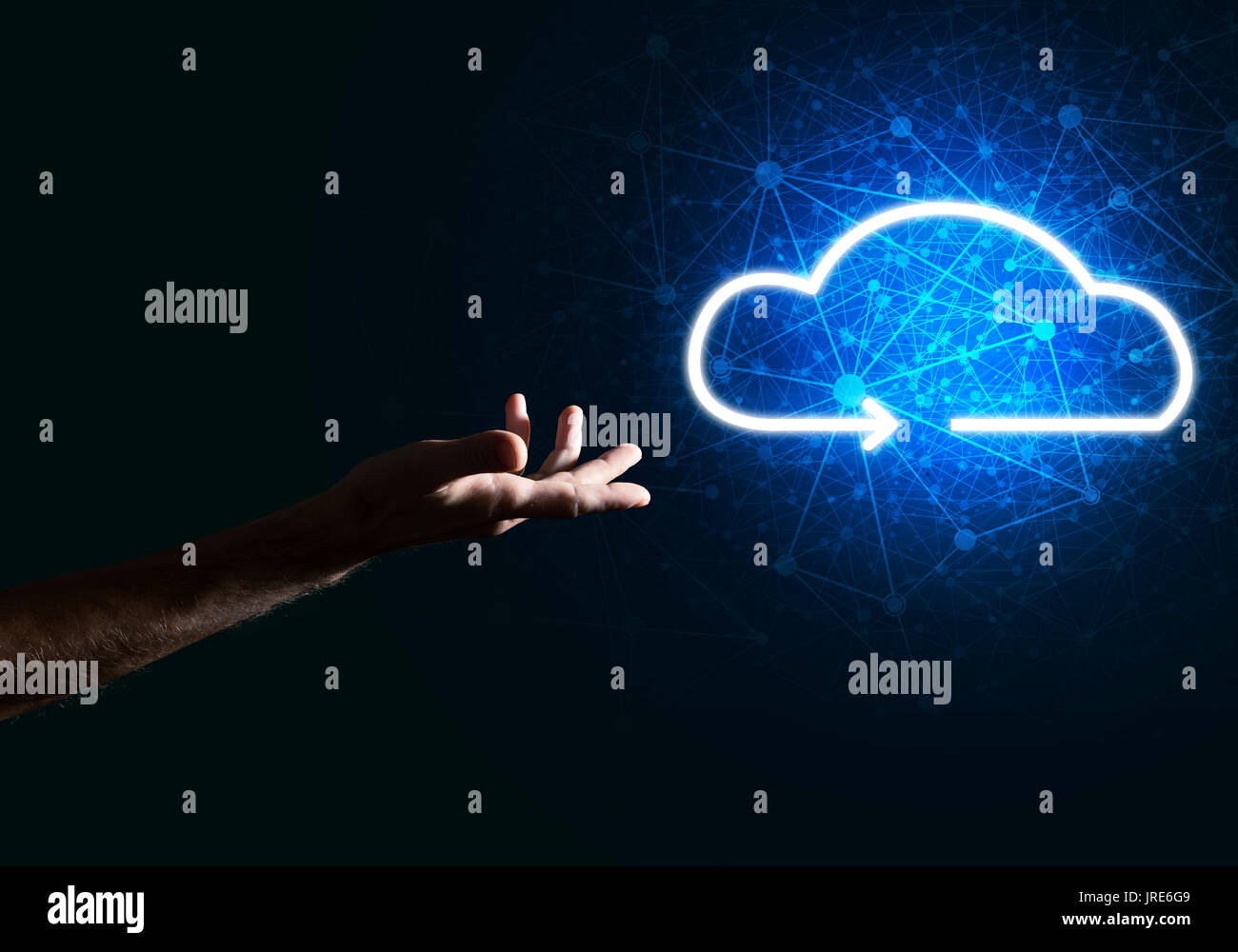 Digital cloud icon as symbol of wireless connection on dark background ...