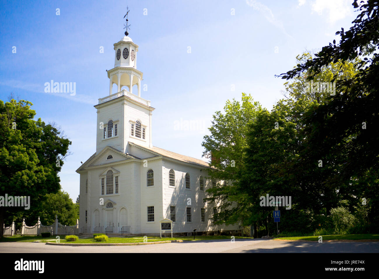 The First Church of Old Bennington, Vermont, has a cemetery with gravestones of the Revolutionary War,  dubbed Vermont's Colonial shrine. Stock Photo