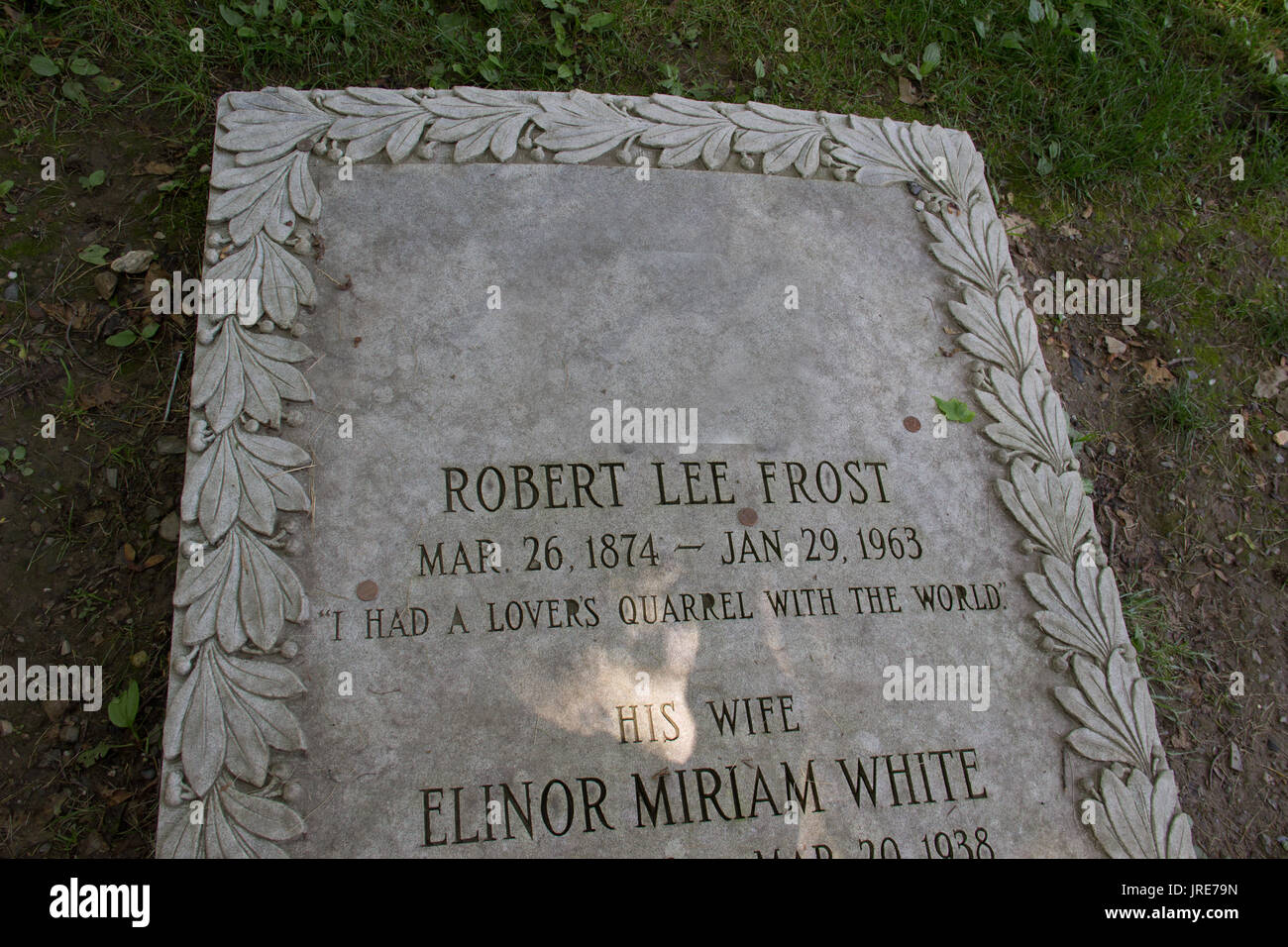 Behind the First Church of Old Bennington, Vermont, a cemetery holds Robert Frost's grave marker Stock Photo