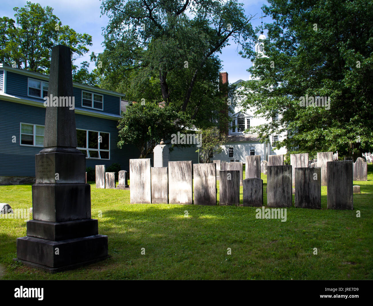 The cemetery of the  First Church of Old Bennington, Vermont, has gravestones of the Revolutionary War. Stock Photo