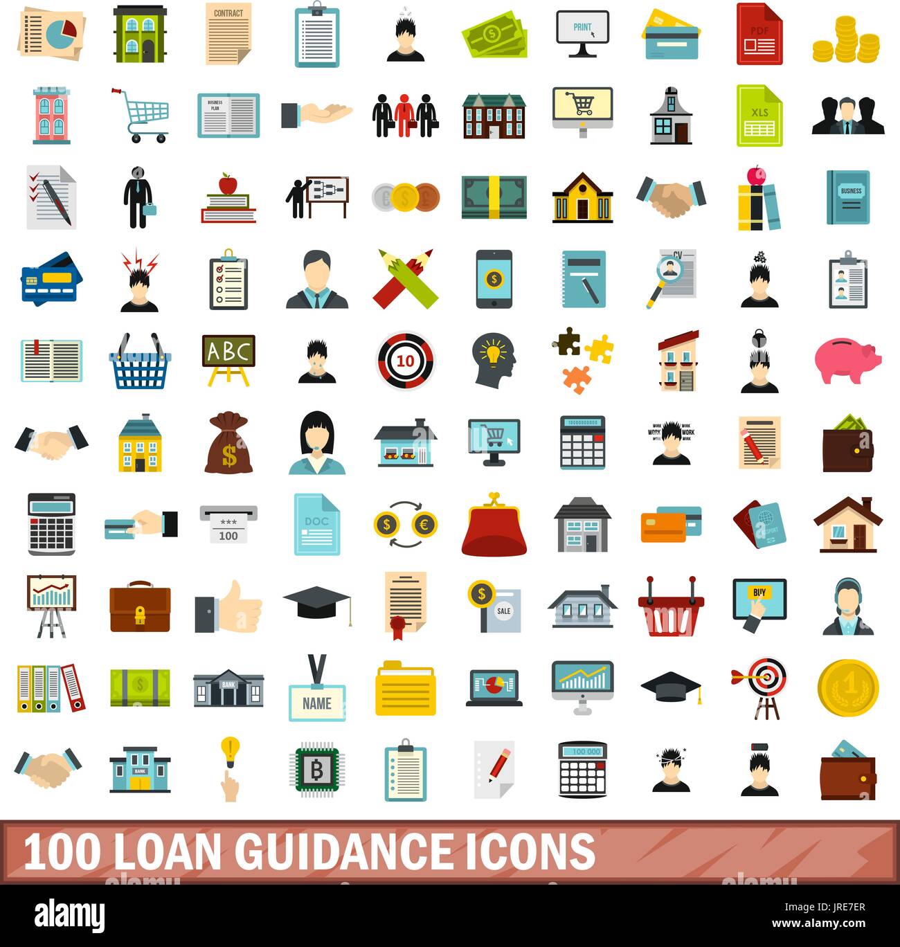 100 loan guidance icons set, flat style Stock Vector
