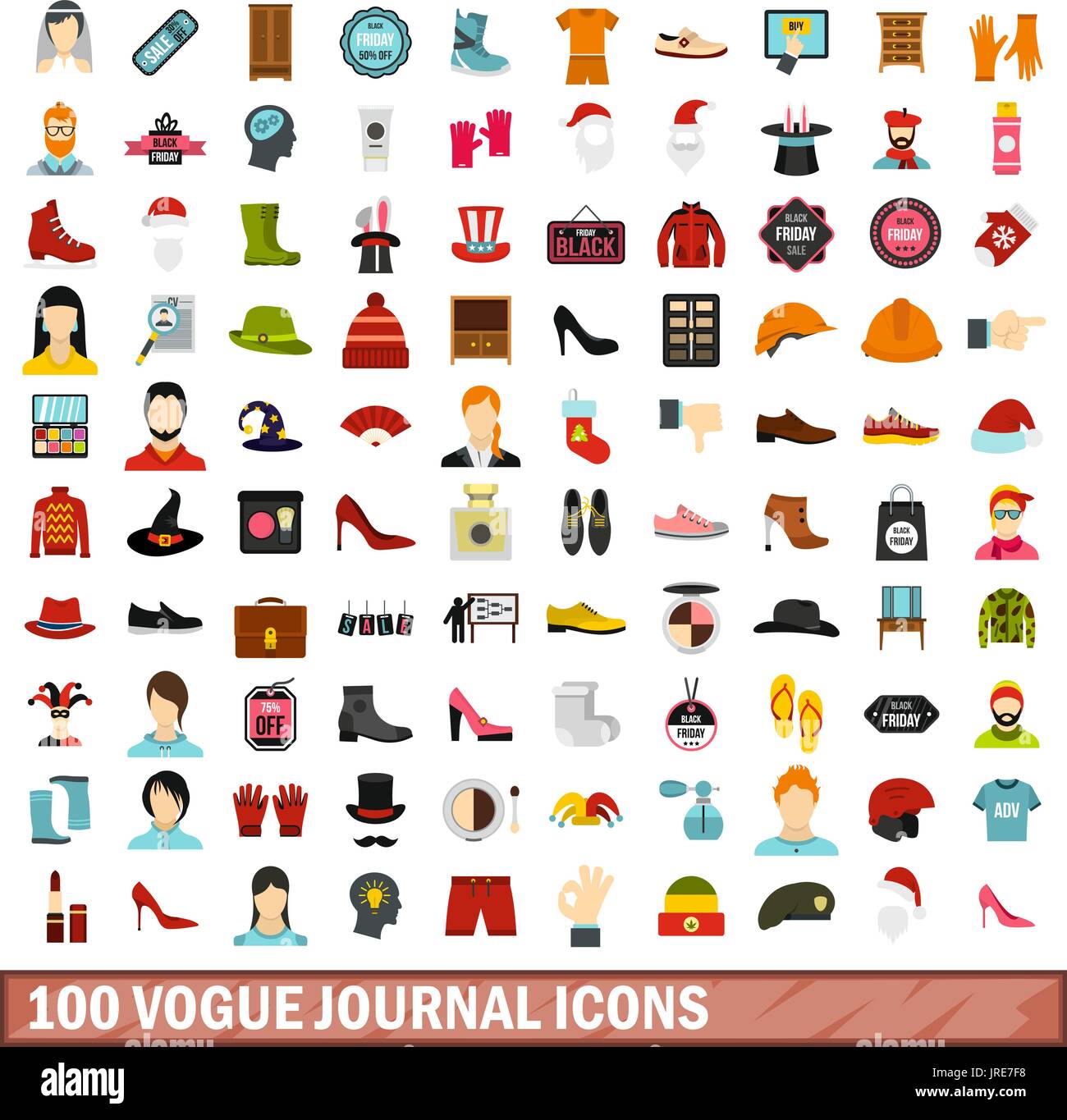 100 vogue journal icons set, flat style Stock Vector