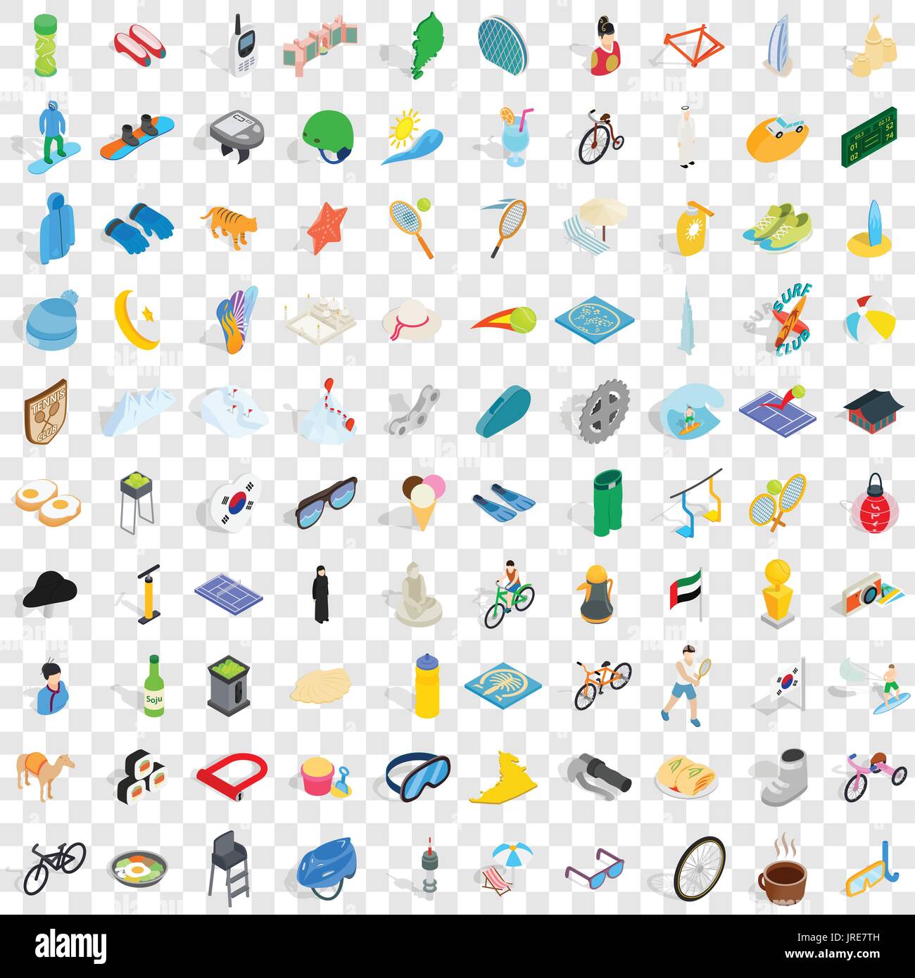 100 active life icons set, isometric 3d style Stock Vector