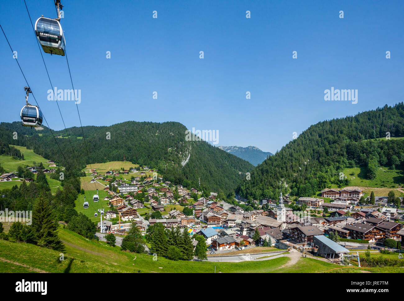 France, Haute-Savoie department, French Alps, Beauregard gondola lift at the alpine resort town of La Clusaz Stock Photo