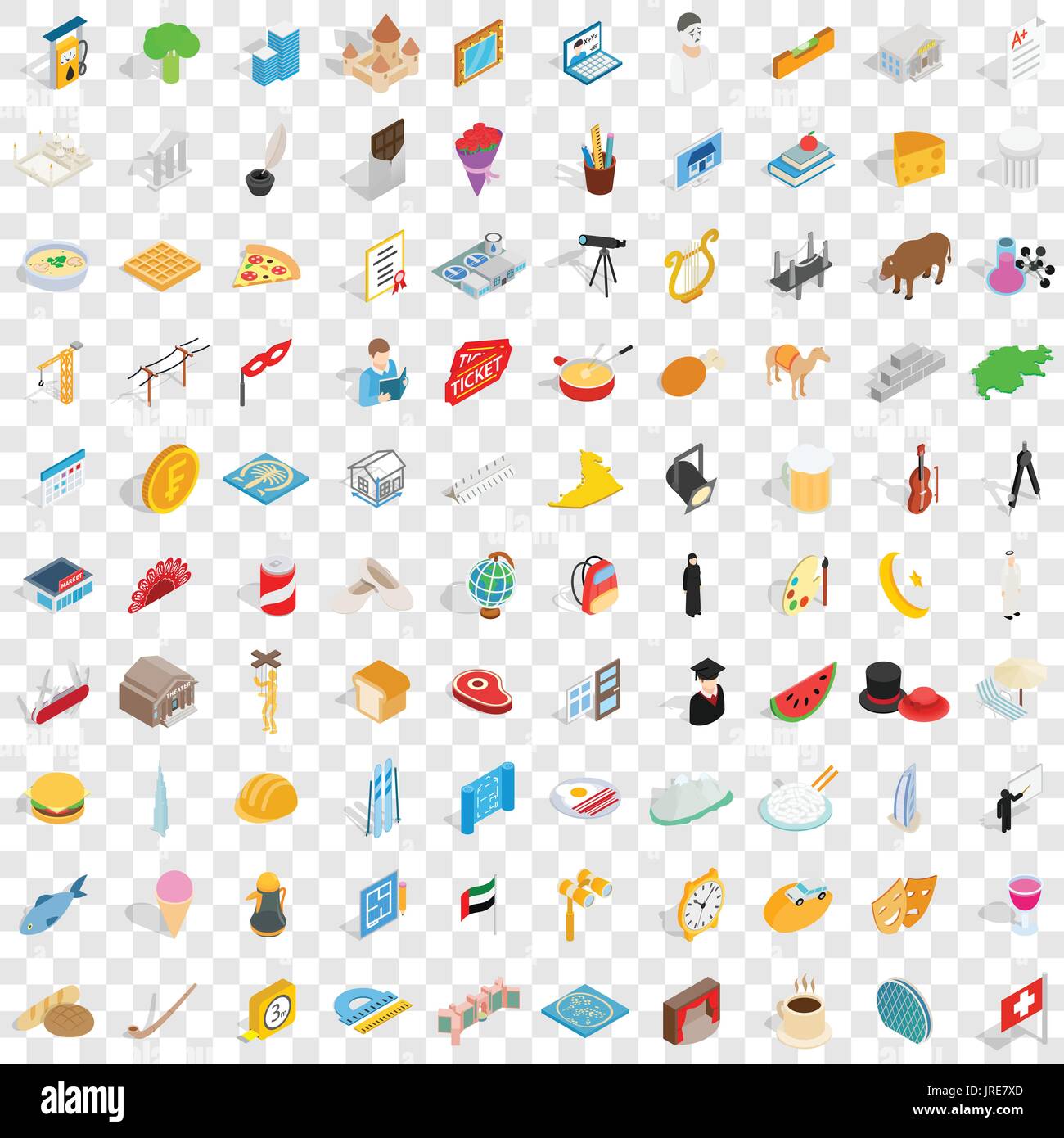 100 activity icons set, isometric 3d style Stock Vector