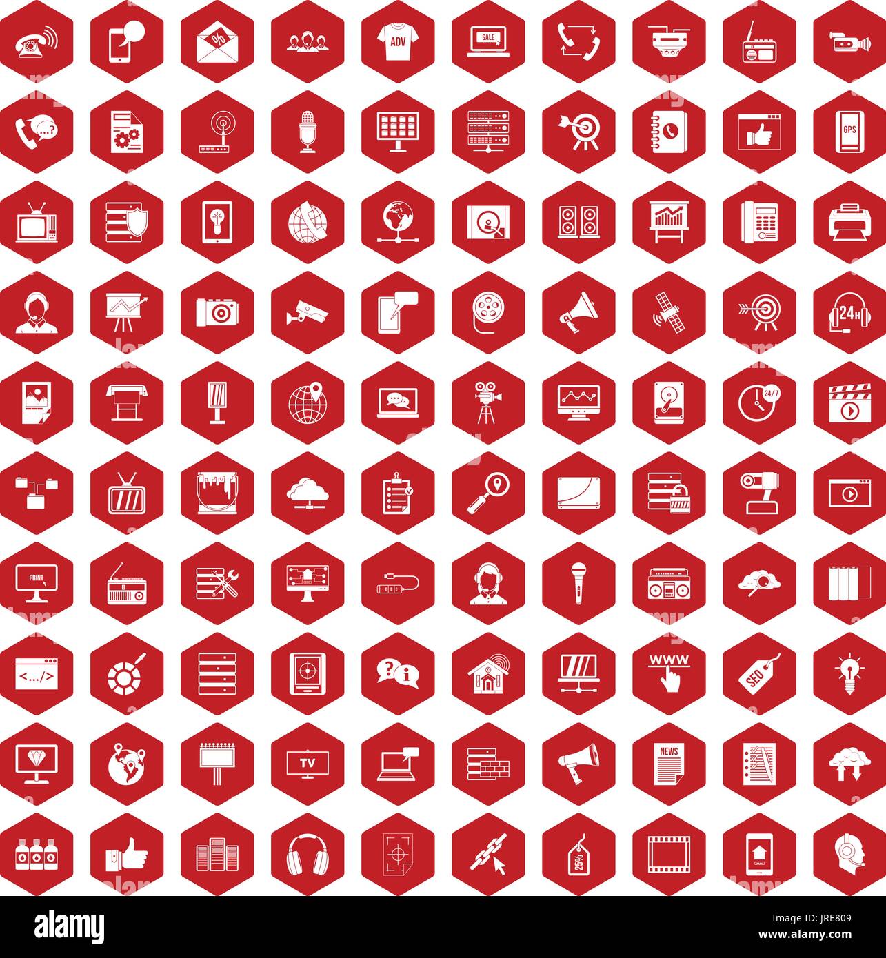 100 information technology icons hexagon red Stock Vector