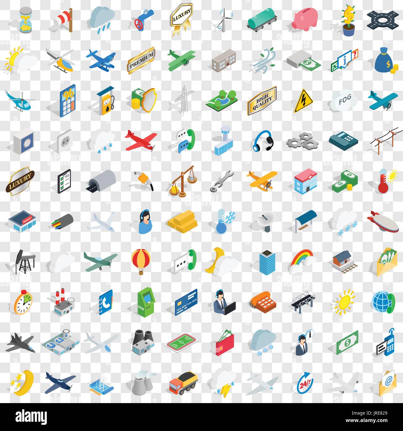 100 aeroplane icons set, isometric 3d style Stock Vector