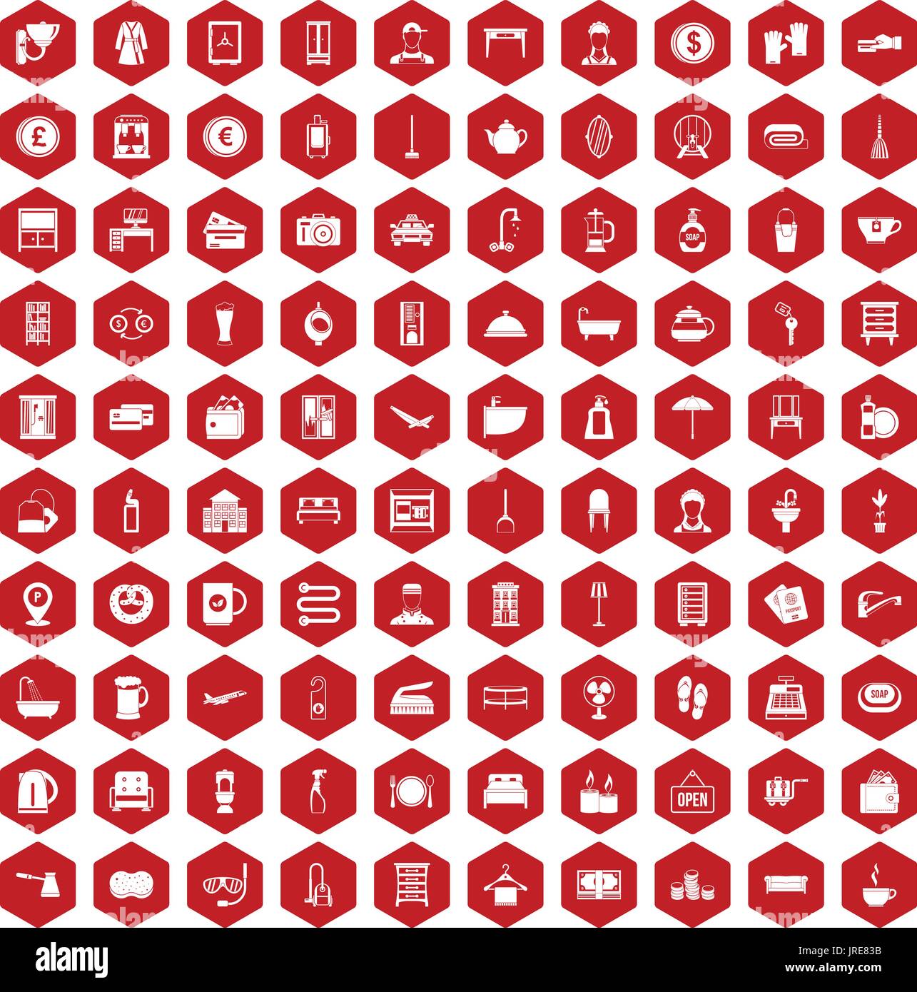 100 inn icons hexagon red Stock Vector
