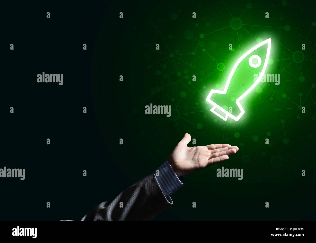 Man palm presenting Rocket web icon as technology concept Stock Photo ...