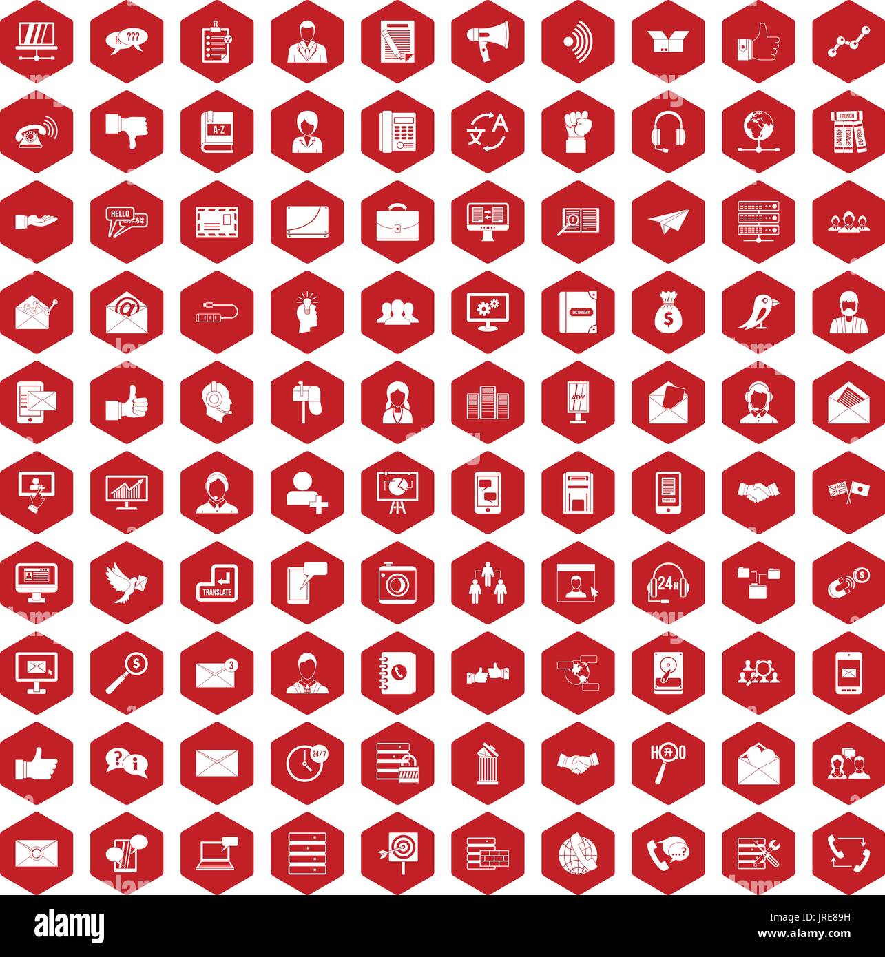 100 interaction icons hexagon red Stock Vector