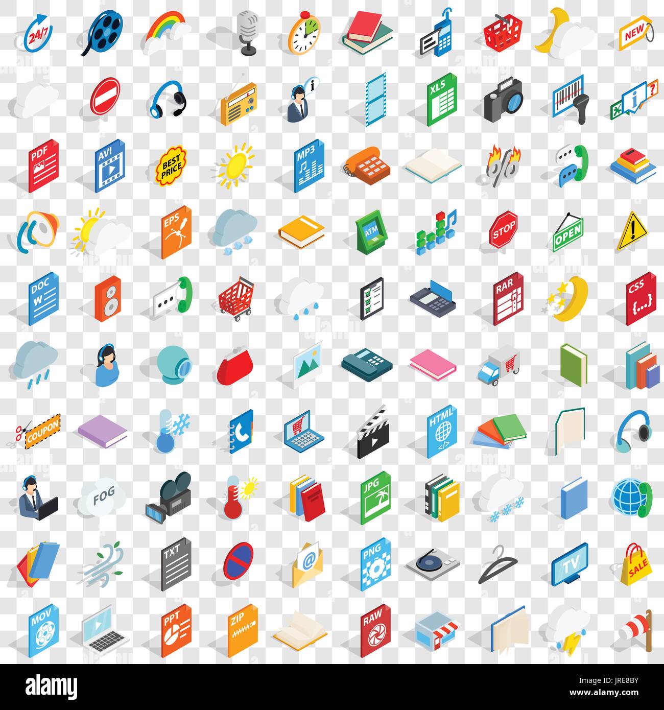 100 app icons set, isometric 3d style Stock Vector