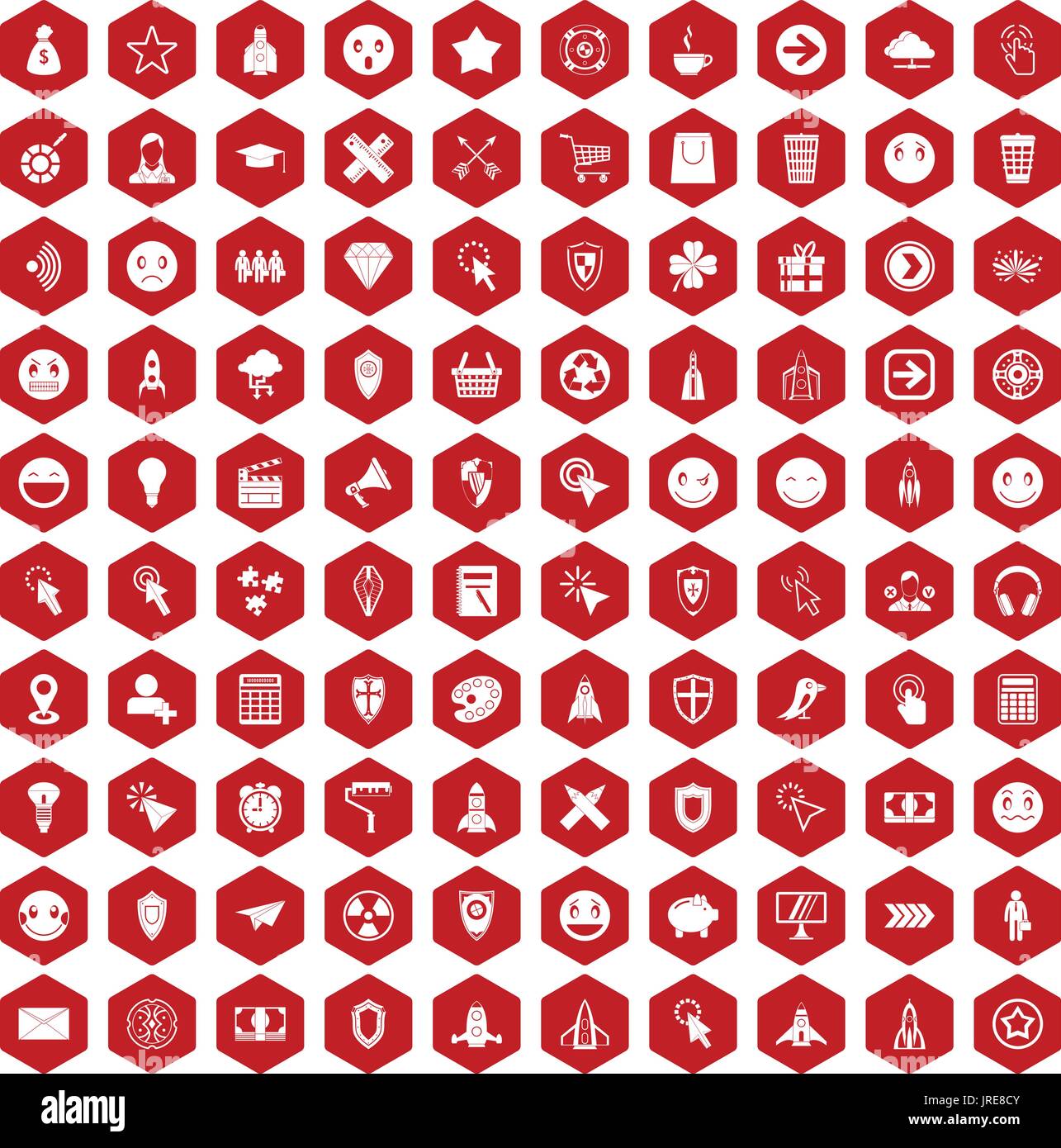 100 interface pictogram icons hexagon red Stock Vector
