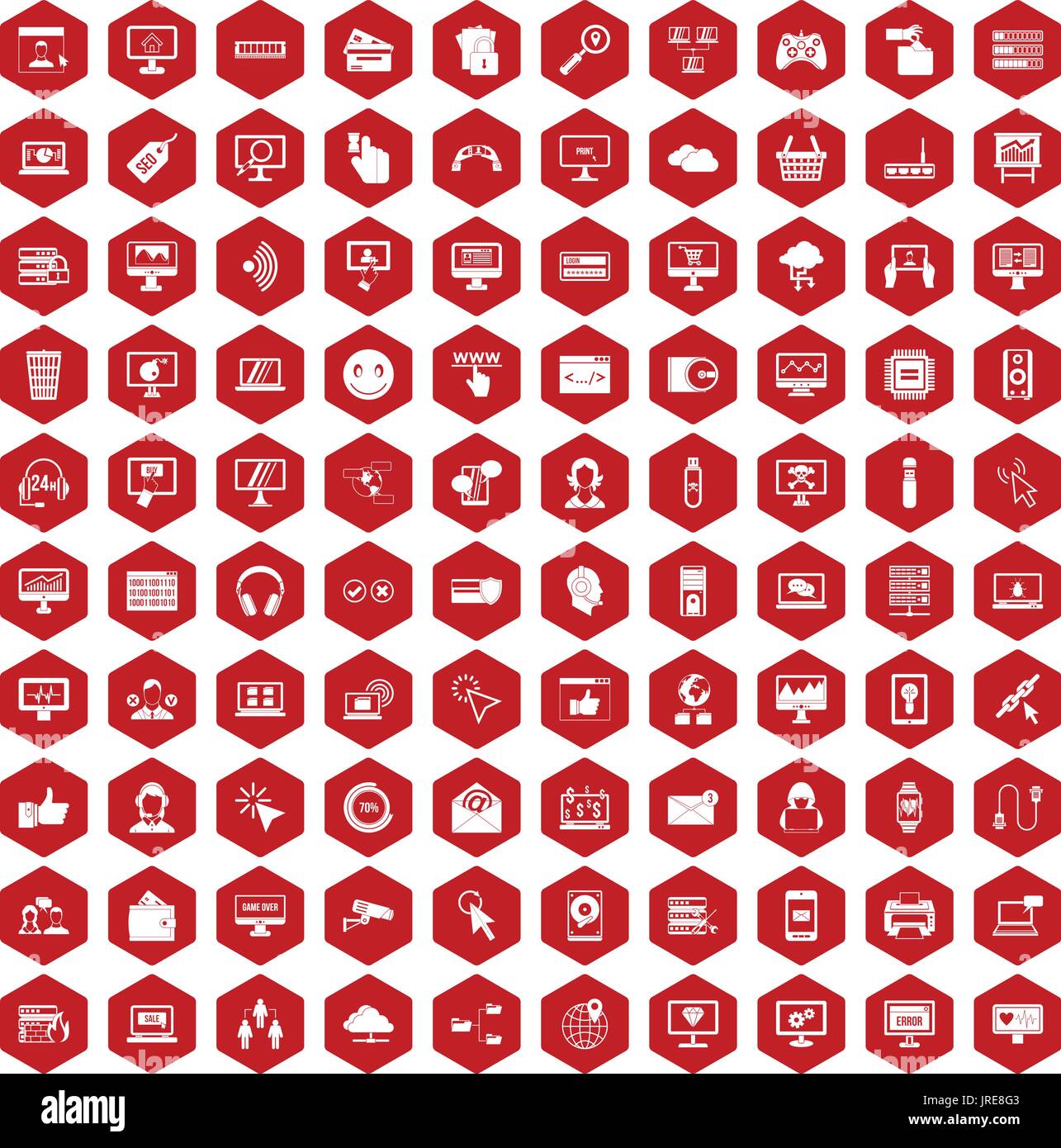 100 internet icons hexagon red Stock Vector