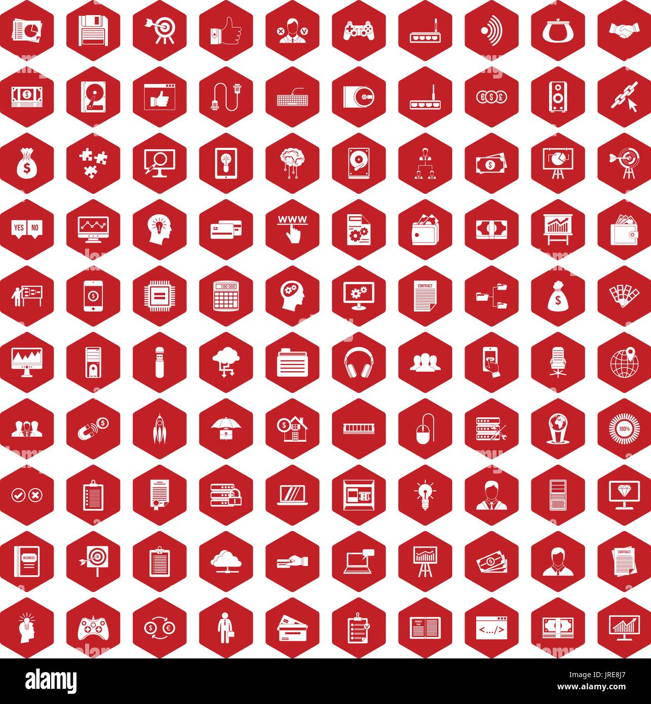 100 IT business icons hexagon red Stock Vector