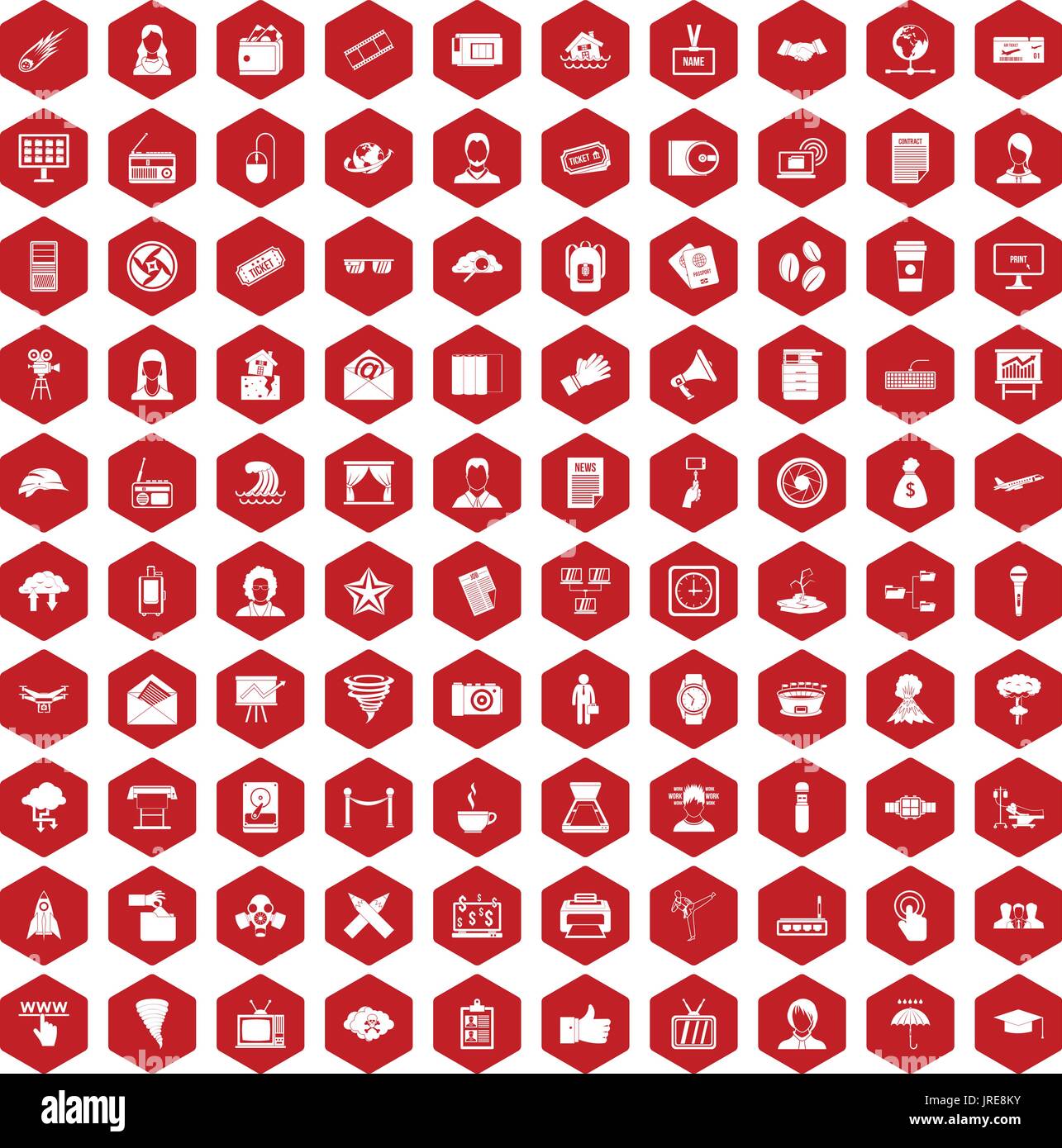100 journalist icons hexagon red Stock Vector