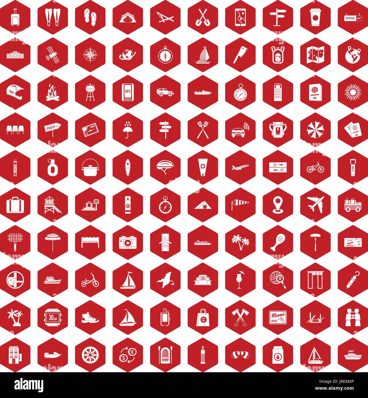 100 journey icons hexagon red Stock Vector
