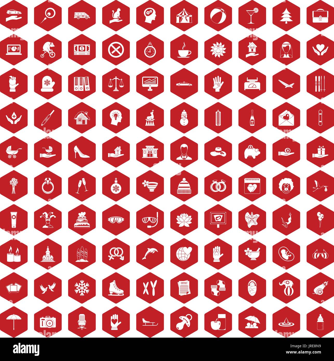 100 joy icons hexagon red Stock Vector