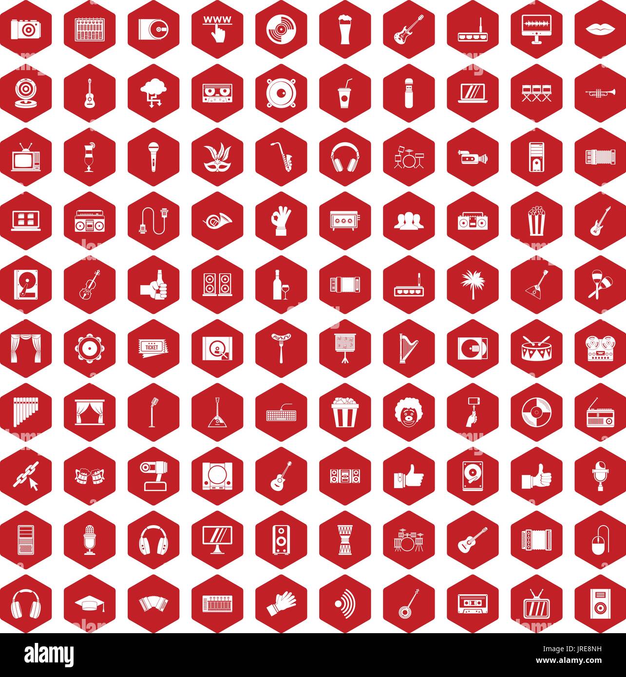 100 karaoke icons hexagon red Stock Vector