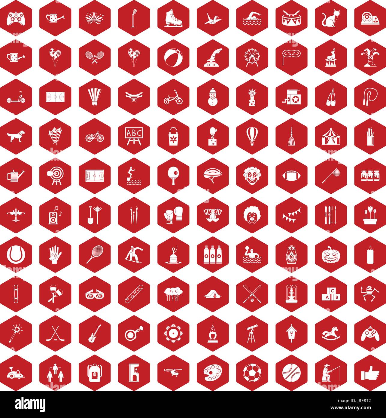 100 kids activity icons hexagon red Stock Vector